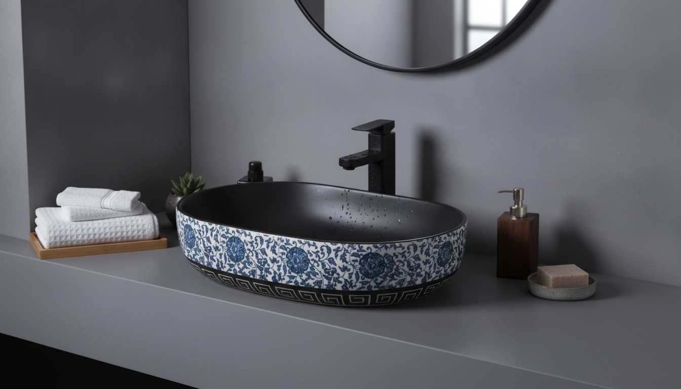Blue Floral Ceramic Vessel Sink: Elegant Vanity Upgrade