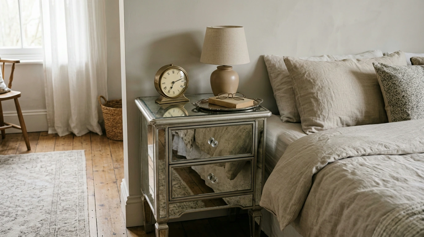 Antique Mirrored Bedside Table with Arabic Clock