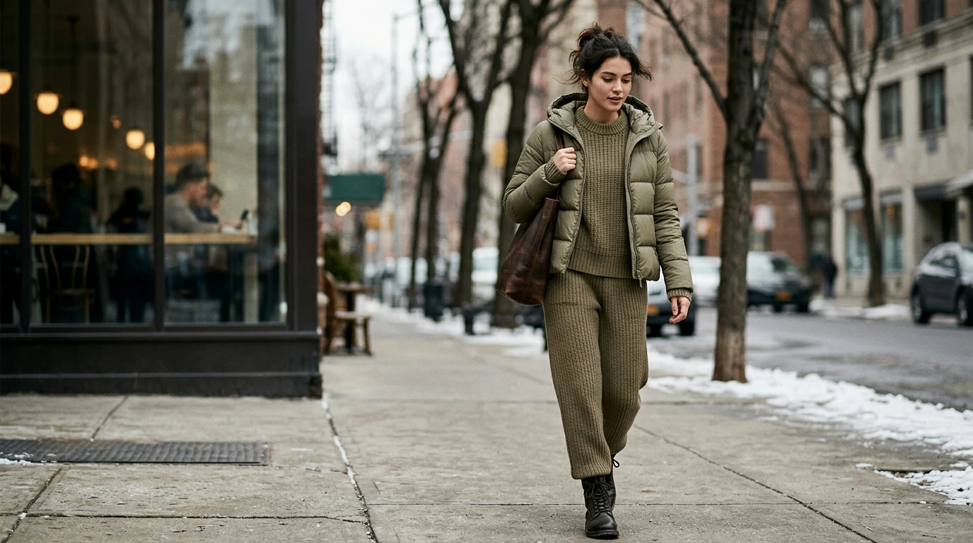 Winter Outfit Made Easy: Short Down Coat + Khaki Set