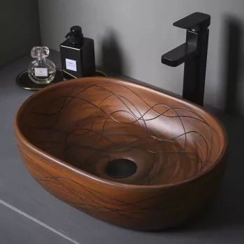 Brown Oval Ceramic Vessel Sink with Carved Texture